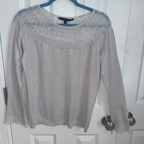 White House Black Market Tops - White House Black Market Silver Embellished Long Sleeve Top